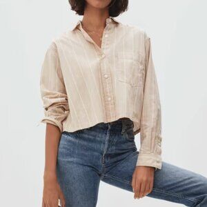 Everlane Cropped Long Sleeve Button Down Shirt, Beige, Size M